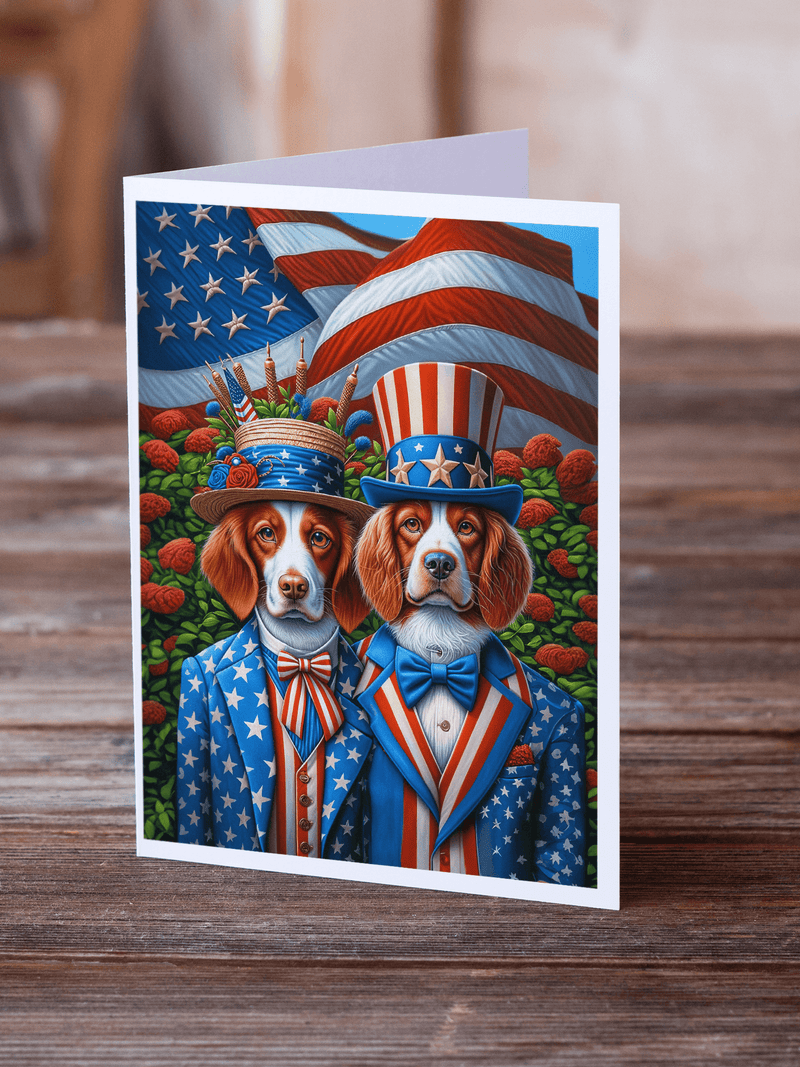 Patriotic greeting card featuring two dogs in bow ties and top hats with flag