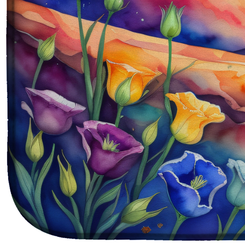 Floral tulip dish drying mat close-up with vivid purple, blue, and orange blooms