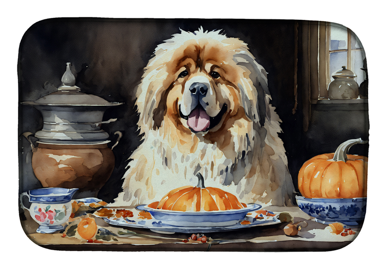 Rounded dog-themed dish drying mat with Tibetan Mastiff and pumpkin scene print
