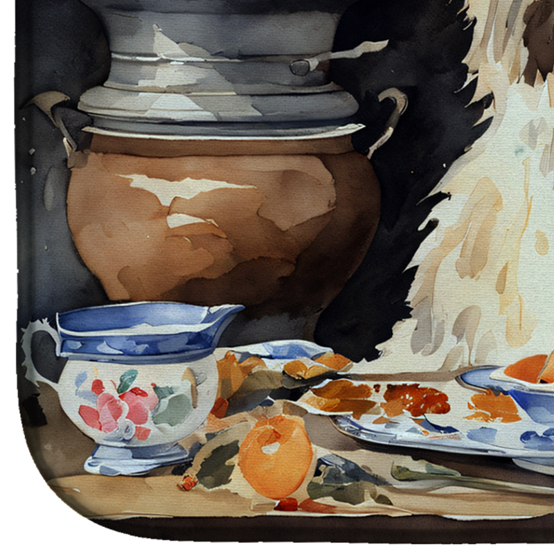 Dog-and-pumpkin dish drying mat with illustrated Tibetan Mastiff and dishes