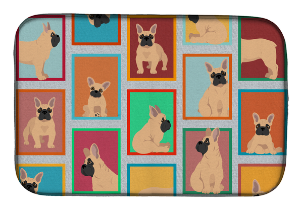 Multicolor French bulldog dish drying mat with fawn dog face patchwork design