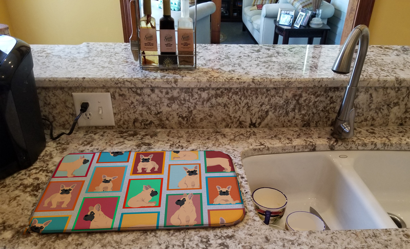 French bulldog dish drying mat on kitchen counter next to sink