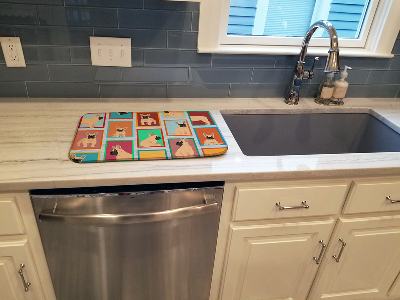 French bulldog dish drying mat on countertop beside kitchen sink
