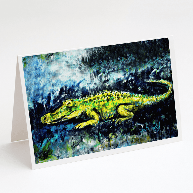 Alligator watercolor greeting card on display stand, blue and dark background
