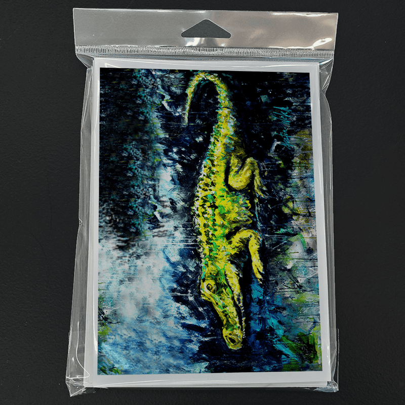 Sealed greeting card pack with neon green alligator figure on blue background