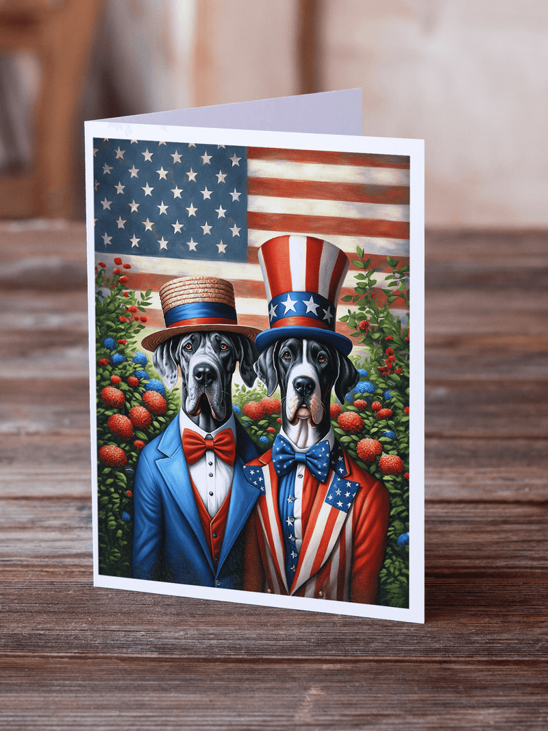 Greeting card featuring two black Great Danes in blue suits with red bow ties and top hats