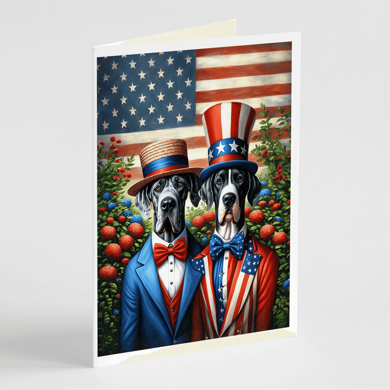Greeting card with two Great Danes in patriotic attire, Uncle Sam hat and American flag backdrop