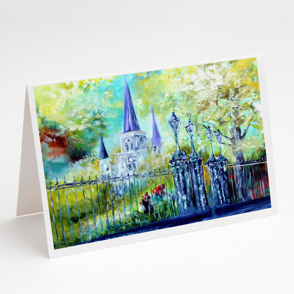 Landscape watercolor greeting card with cathedral across a fence and trees