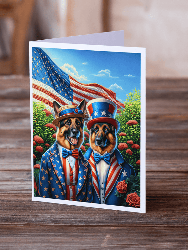 Patriotic German Shepherd greeting card with two dogs in star top hats
