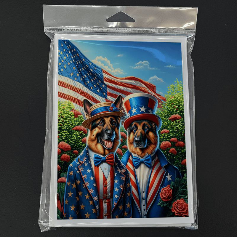 Pack of 8 patriotic German Shepherd greeting cards in clear plastic packaging