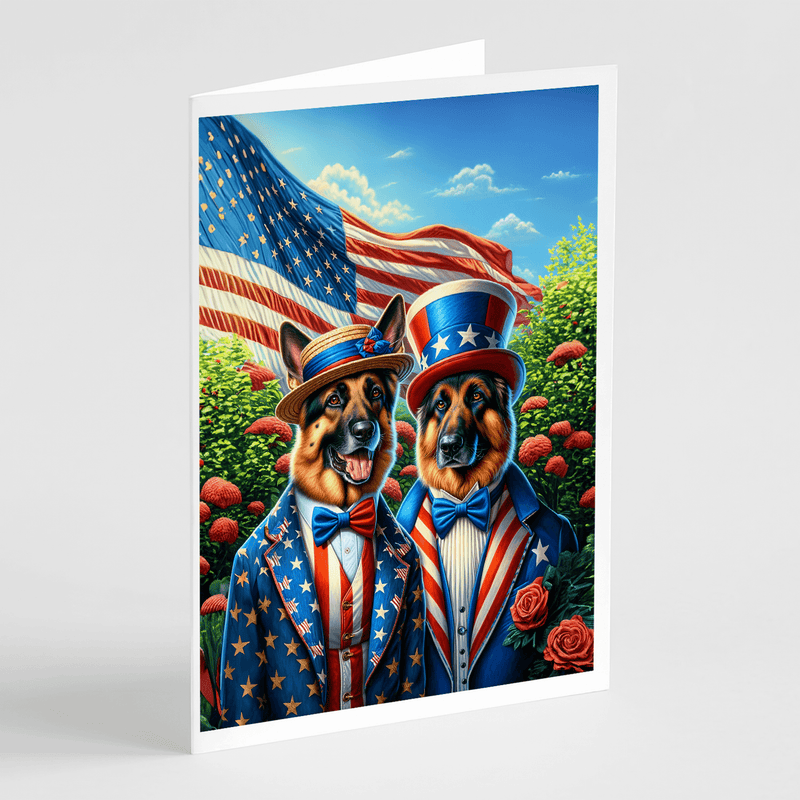 Patriotic German Shepherd greeting card showing two dogs in star hats and bows