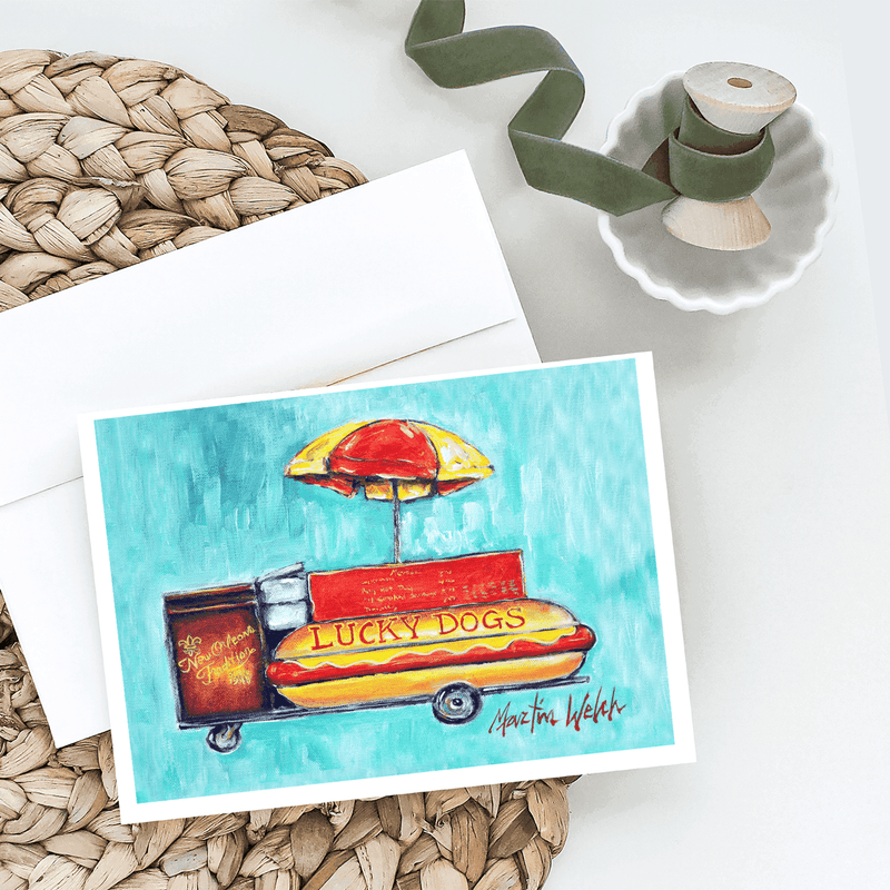 Greeting card with Lucky Dogs artwork: umbrella over red hot-dog sign