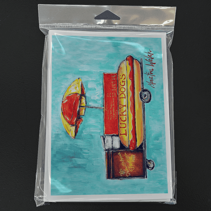 Packaged greeting card with Lucky Dogs artwork: hot dog and umbrella on teal