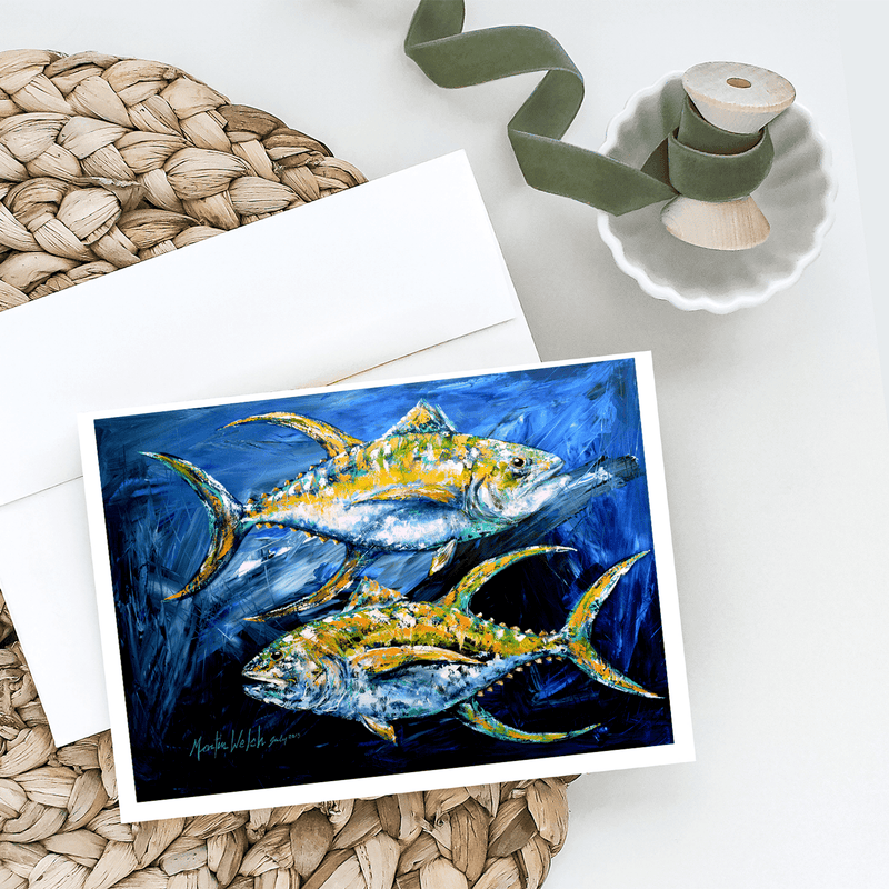 Tuna fish illustration greeting card with blue abstract ocean design, shown with other cards
