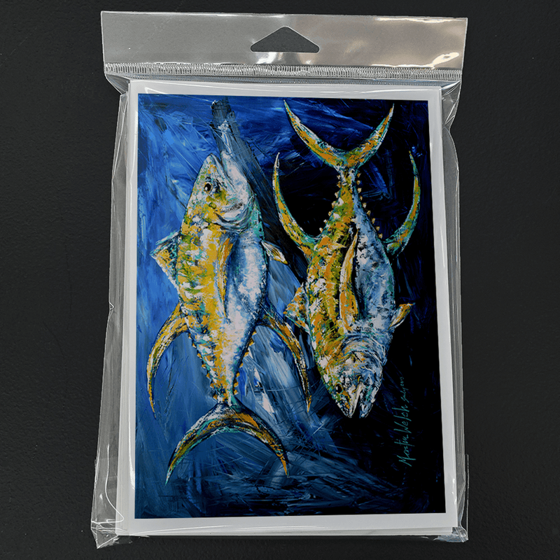 Pack of 8 greeting cards with blue tuna fish artwork in clear plastic sleeve