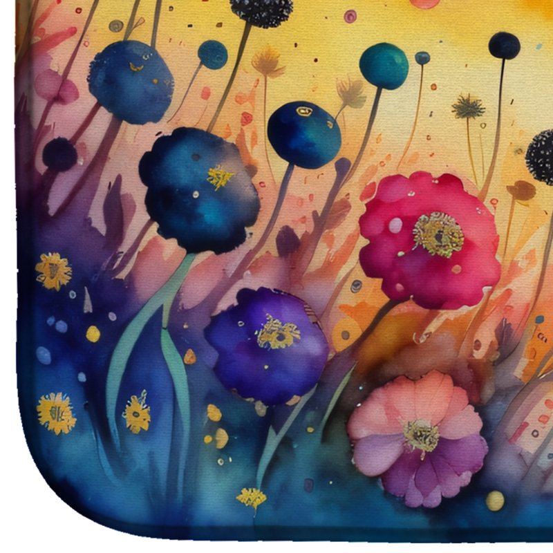 Close-up floral watercolor dish drying mat with rounded border