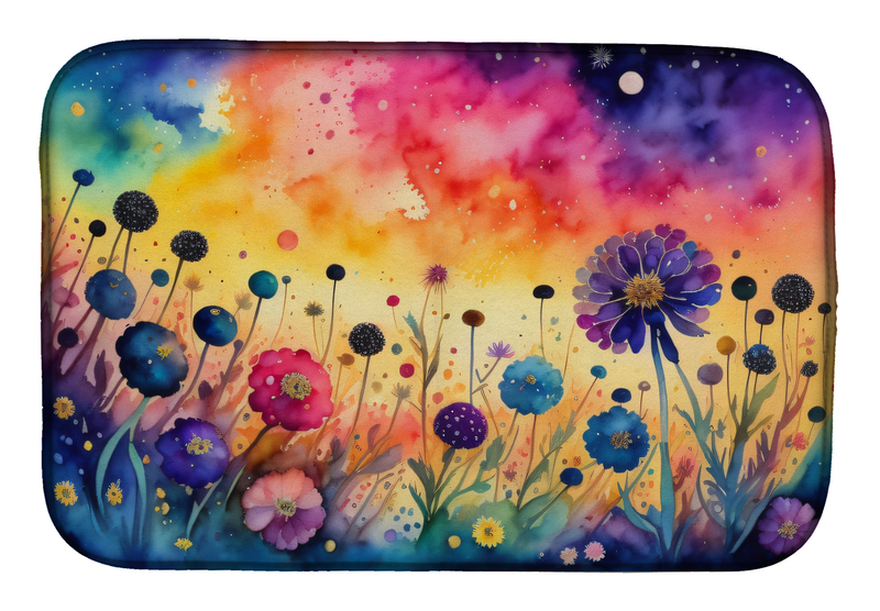 Colorful floral watercolor dish drying mat with rounded corners