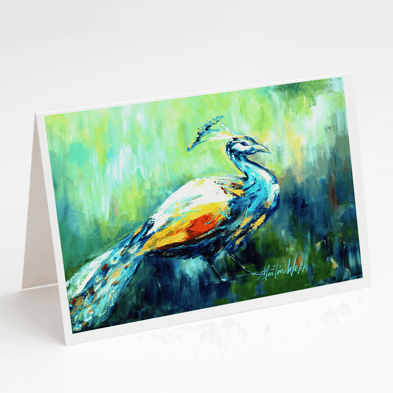 Standing greeting card with peacock watercolor illustration in blue, green, and yellow