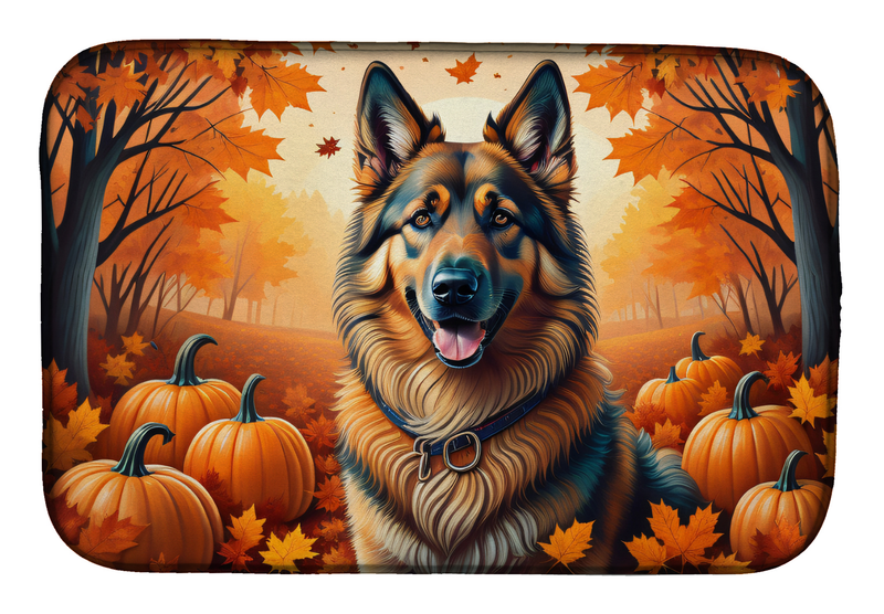 Fall dish drying mat with Belgian Tervuren dog portrait, pumpkins, and autumn trees