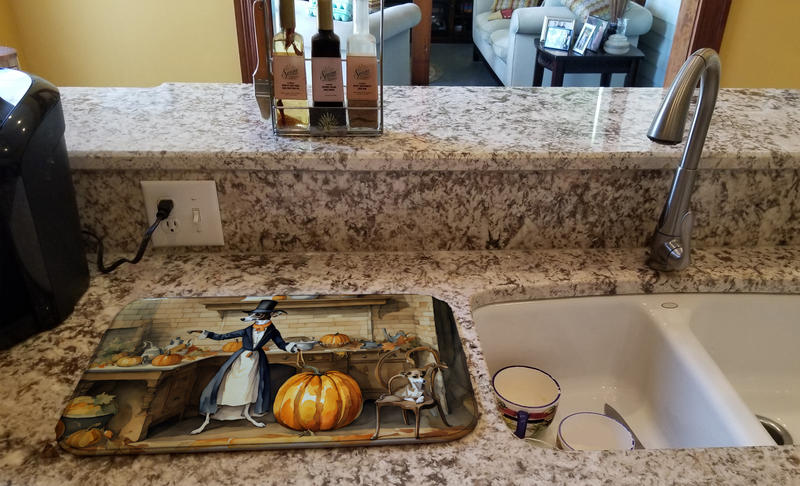 Illustrated fall dish drying mat with pumpkins and a dog across sink