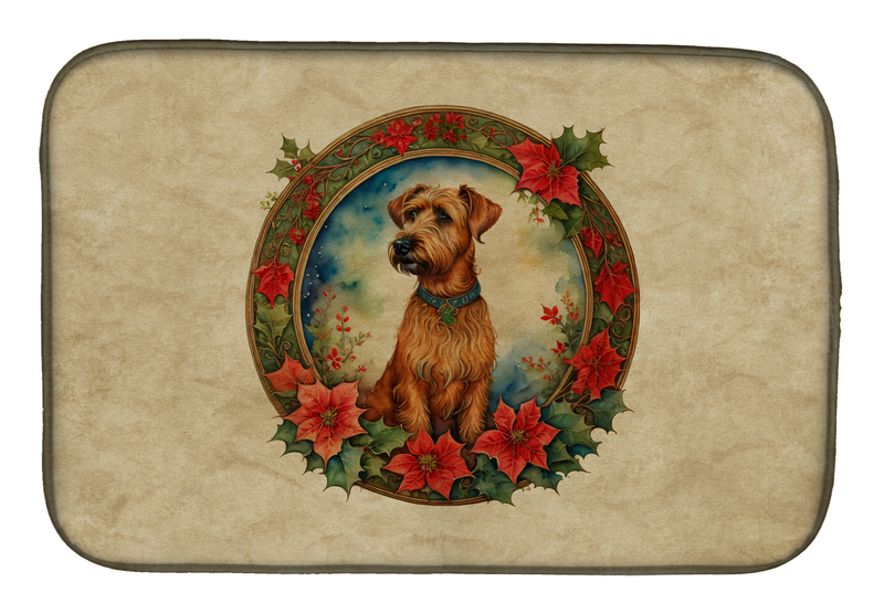 Rectangular dish drying mat with Irish terrier portrait in Christmas wreath