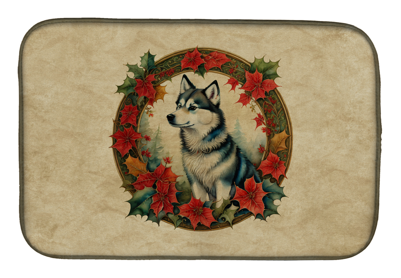 Beige dish drying mat with Husky portrait in poinsettia wreath
