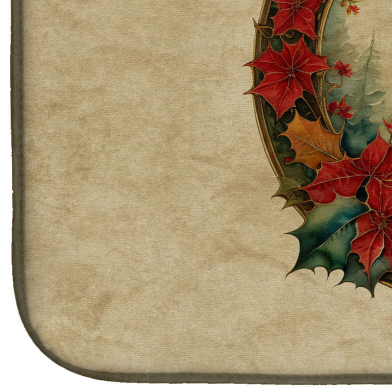 Beige dish drying mat corner with colorful holly leaf print