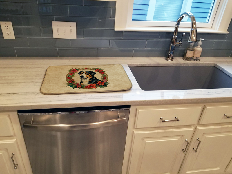Dish drying mat featuring a Greater Swiss Mountain Dog in a festive wreath
