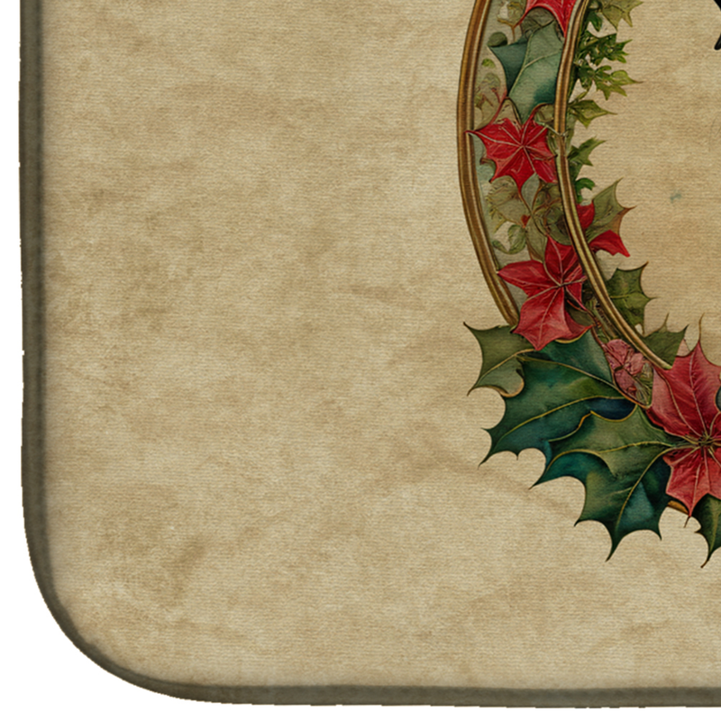 Christmas dish drying mat corner with red poinsettias and green leaves border
