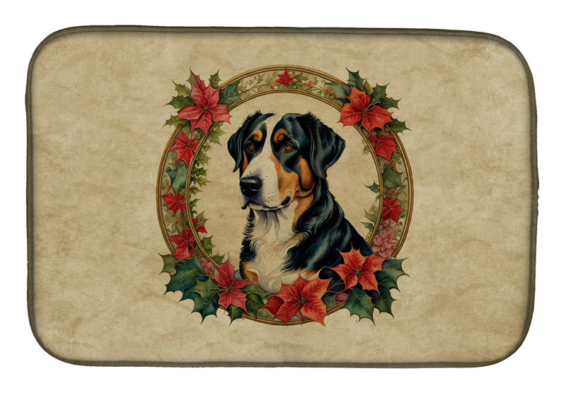 Christmas dish drying mat with Greater Swiss Mountain Dog in wreath and poinsettias