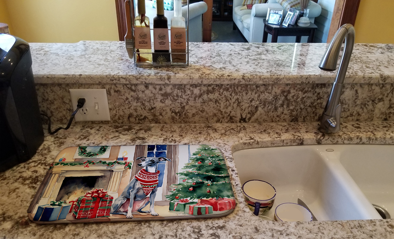 Italian Greyhound Christmas dish drying mat on kitchen counter beside sink