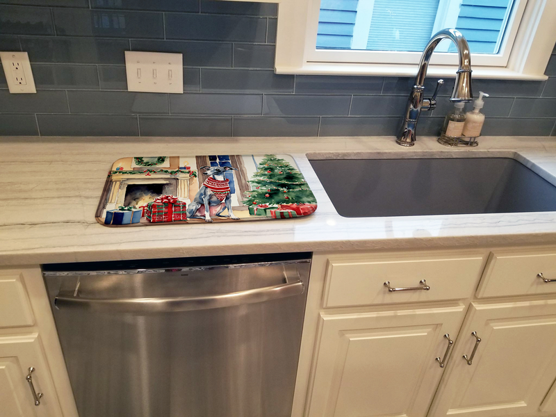 Christmas dish drying mat featuring Italian Greyhound dog near a decorated tree