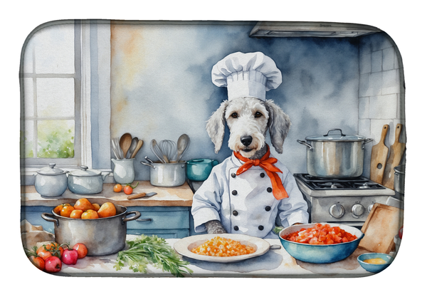 Chef dog dish drying mat with colorful kitchen scene, rectangular rounded edge
