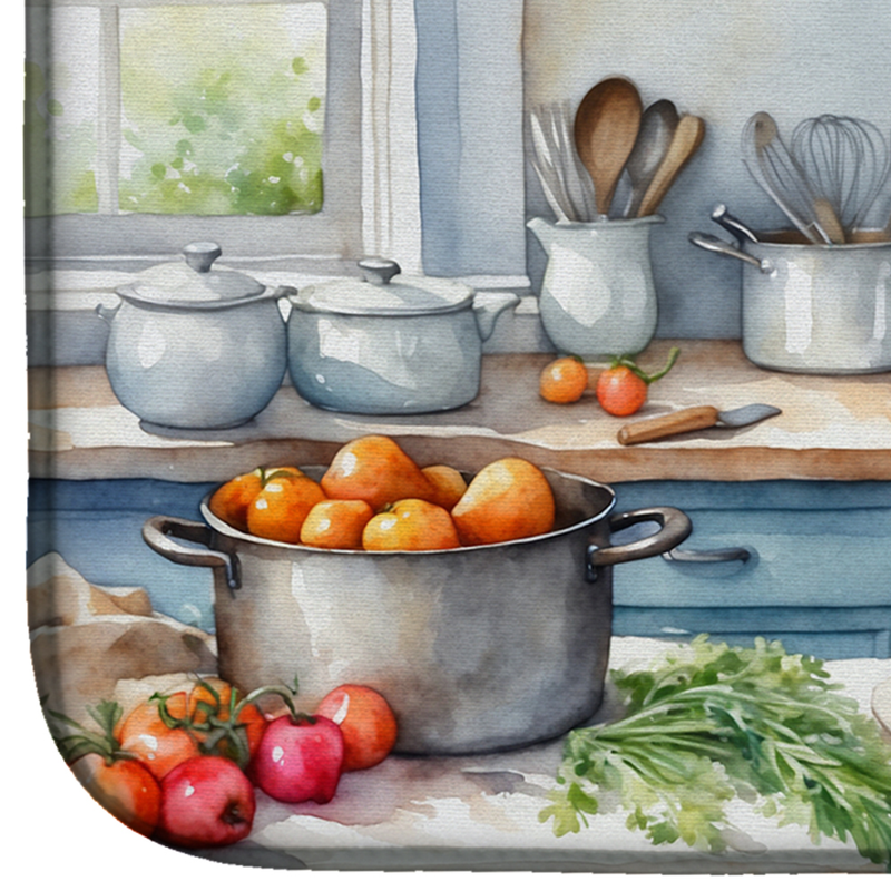 Chef dog dish drying mat with pots and vegetables print, rounded corners