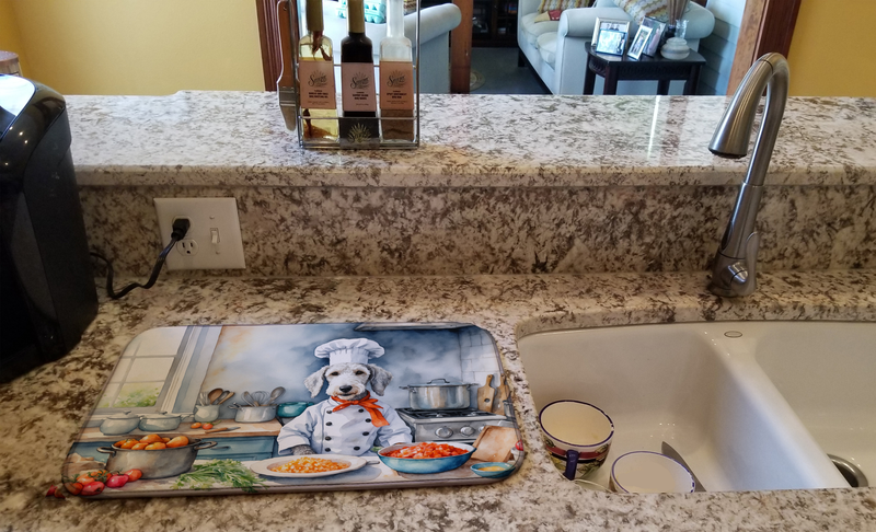 Chef dog dish drying mat in sink area on countertop, rectangular