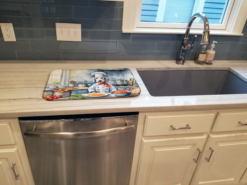 Chef dog dish drying mat placed on kitchen counter near sink