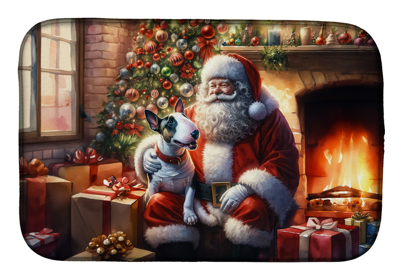 Santa Claus and English bull terrier dish drying mat, rounded rectangle with colorful scene