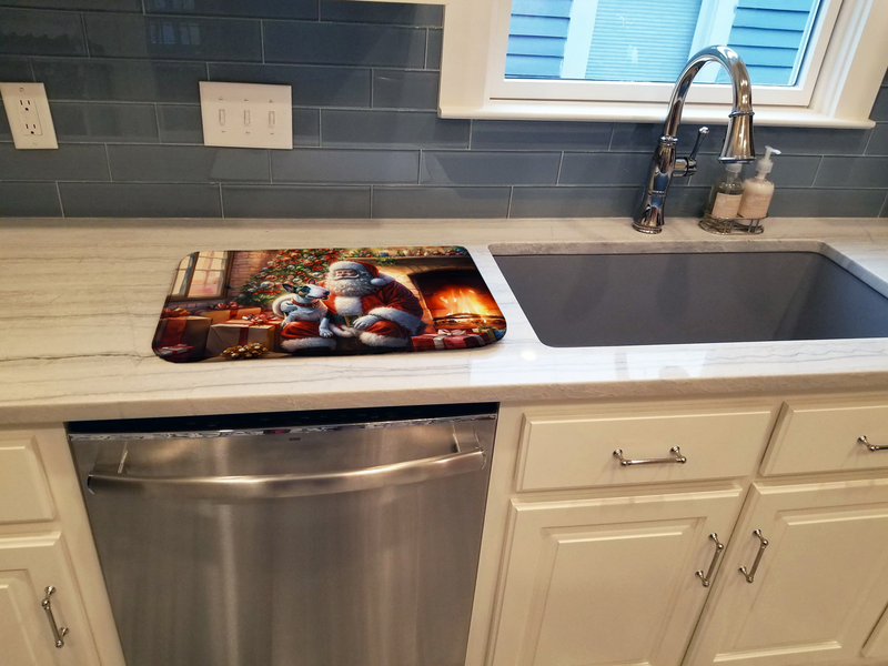 Dish drying mat on kitchen sink counter featuring Santa and bull terrier artwork