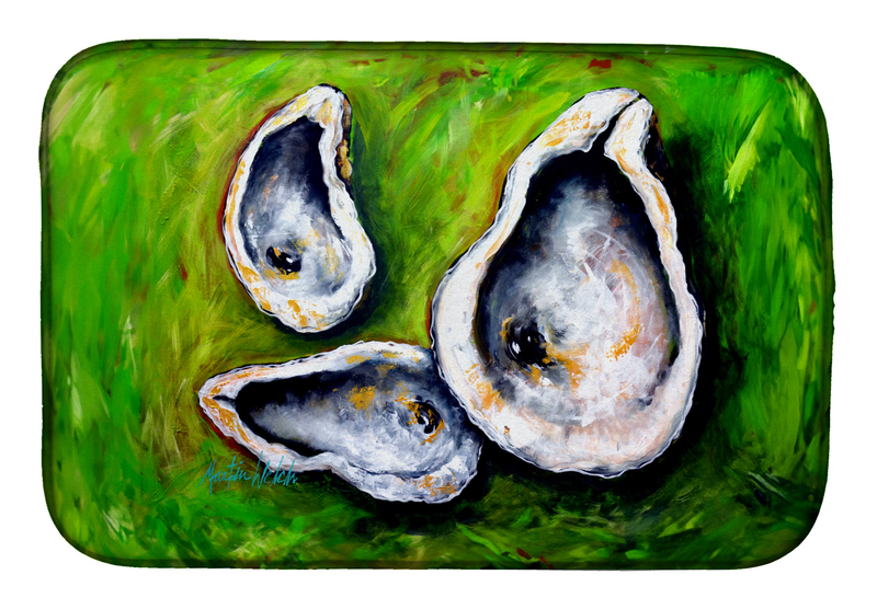 Rectangular green dish drying mat with oyster illustration trio