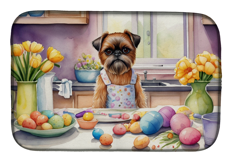 Dish drying mat with Brussels Griffon in an apron among Easter eggs