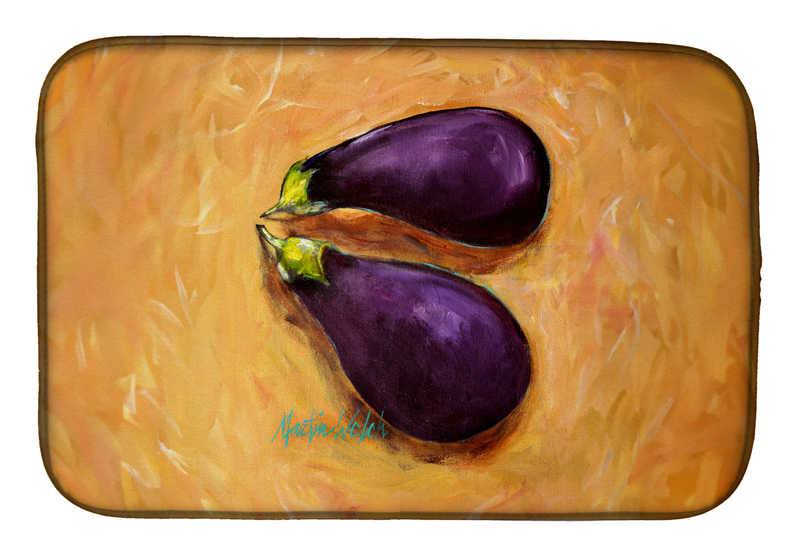 Dish drying mat with purple eggplant print on orange fabric
