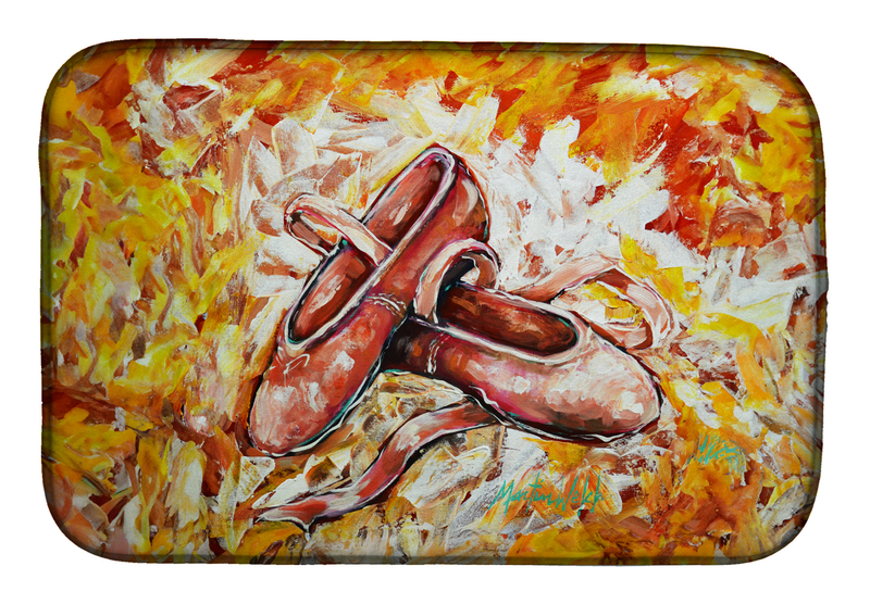 Rectangular dish drying mat with colorful ballet-shoe illustration and rounded edges.