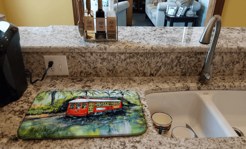 Dish drying mat, rounded rectangle, red street car illustration on green-blue artwork