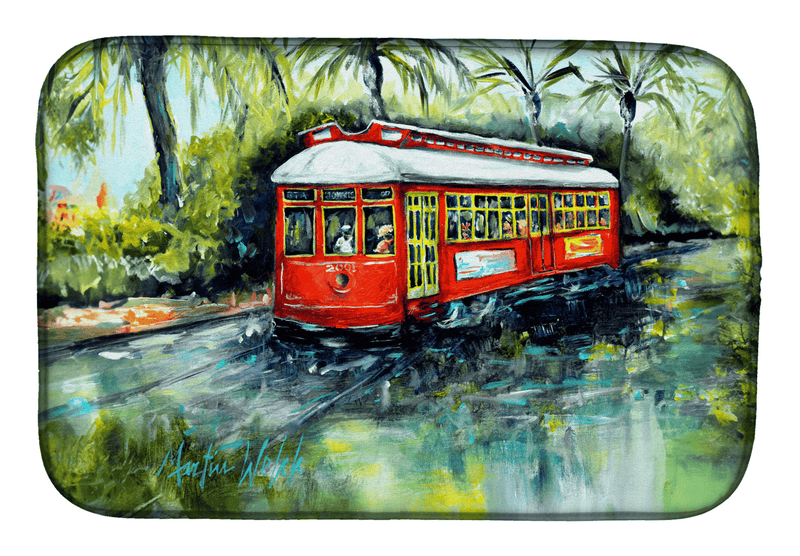 Dish drying mat, rounded rectangle, full red street car scene with tropical greenery