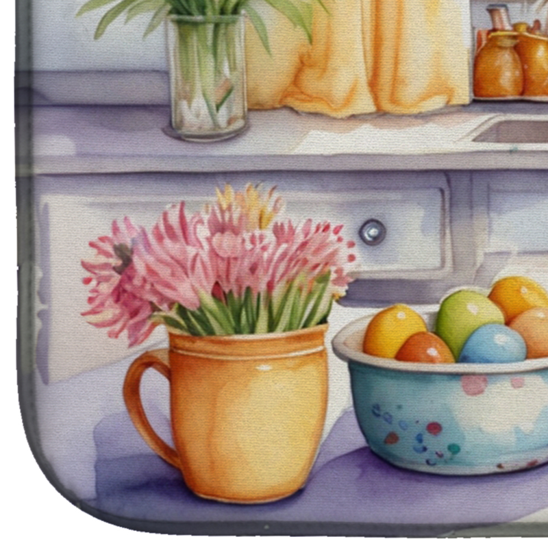 Close-up of Easter dish drying mat print with flowers, eggs, and pottery jars