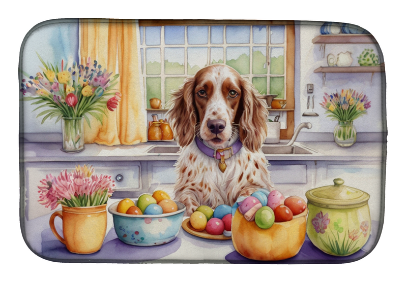 Dog dish drying mat with an English setter illustration and colorful Easter table items
