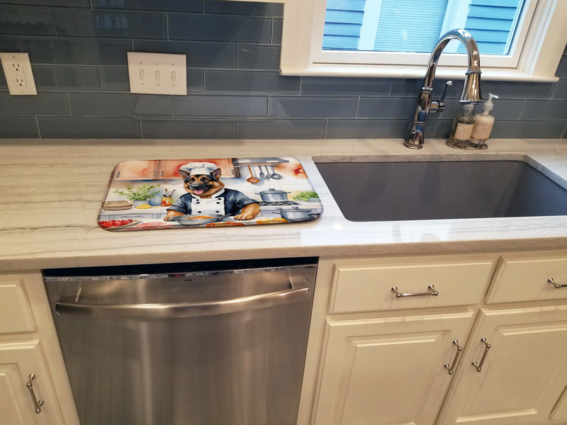 Dish drying mat with chef German shepherd design placed beside a kitchen sink