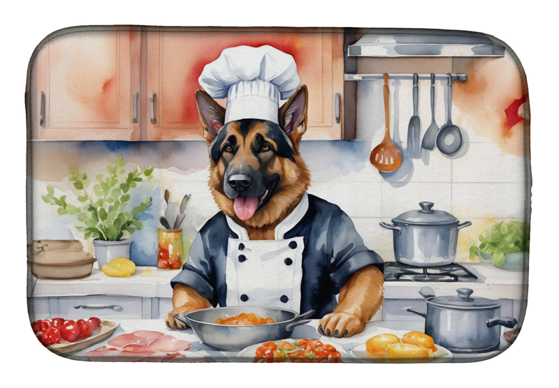 Dish drying mat with German shepherd chef artwork, rounded corners, full graphic