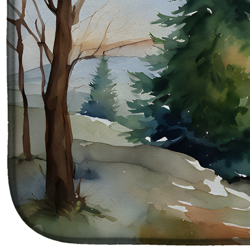Forest scene dish drying mat with rounded edges