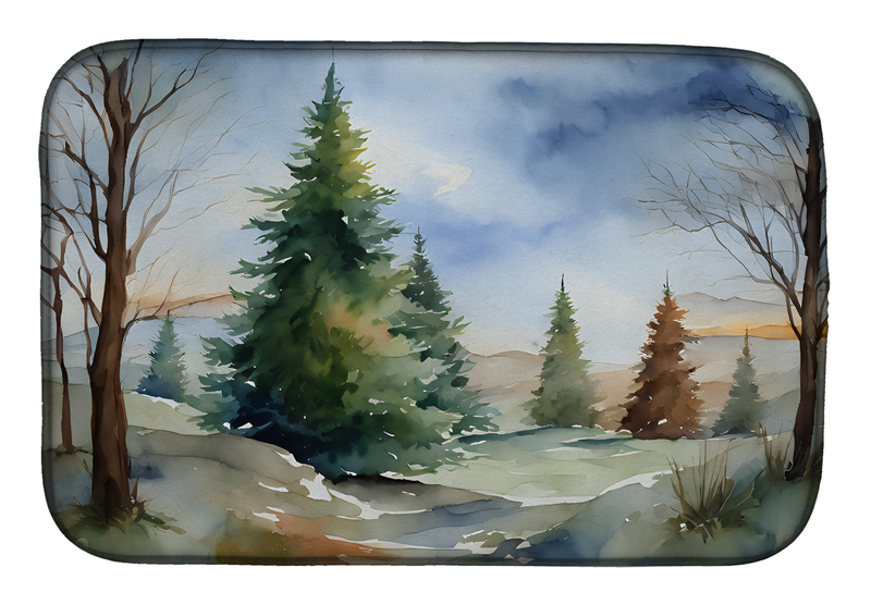 Landscape winter forest dish drying mat with rounded corners